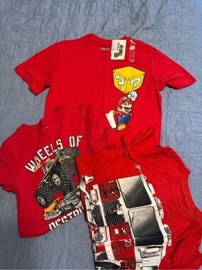 Red T-Shirts Super Mario, Firetruck, Monster Truck Graphics. Summer Vacation